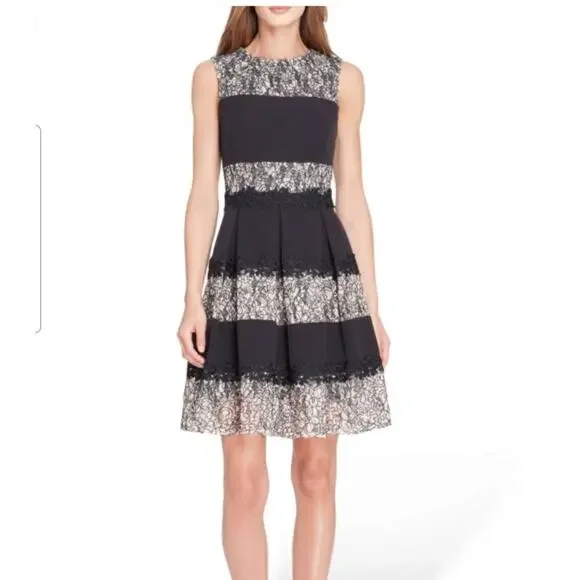 Tahari L32016 Women's Black Lace Zipper Stripe Fit Flare Cocktail Dress Size 10P - Picture 1 of 10